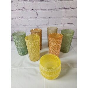 Lot 7 Vtg Spaghetti String Drinking Glass Tumblers 1950s Shat-R-Pruf Color Craft